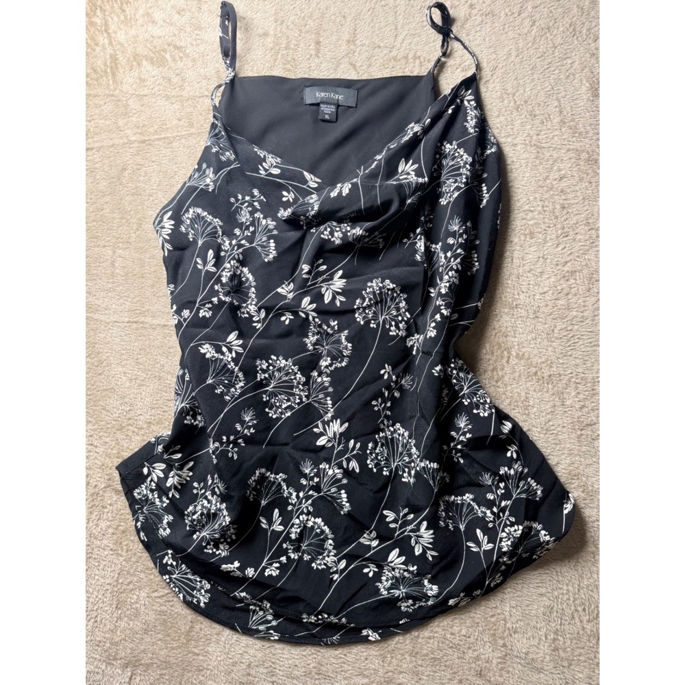Karen Kane Women XL Black White Floral Cowl Neck Cami Slip Top 90s Office siren